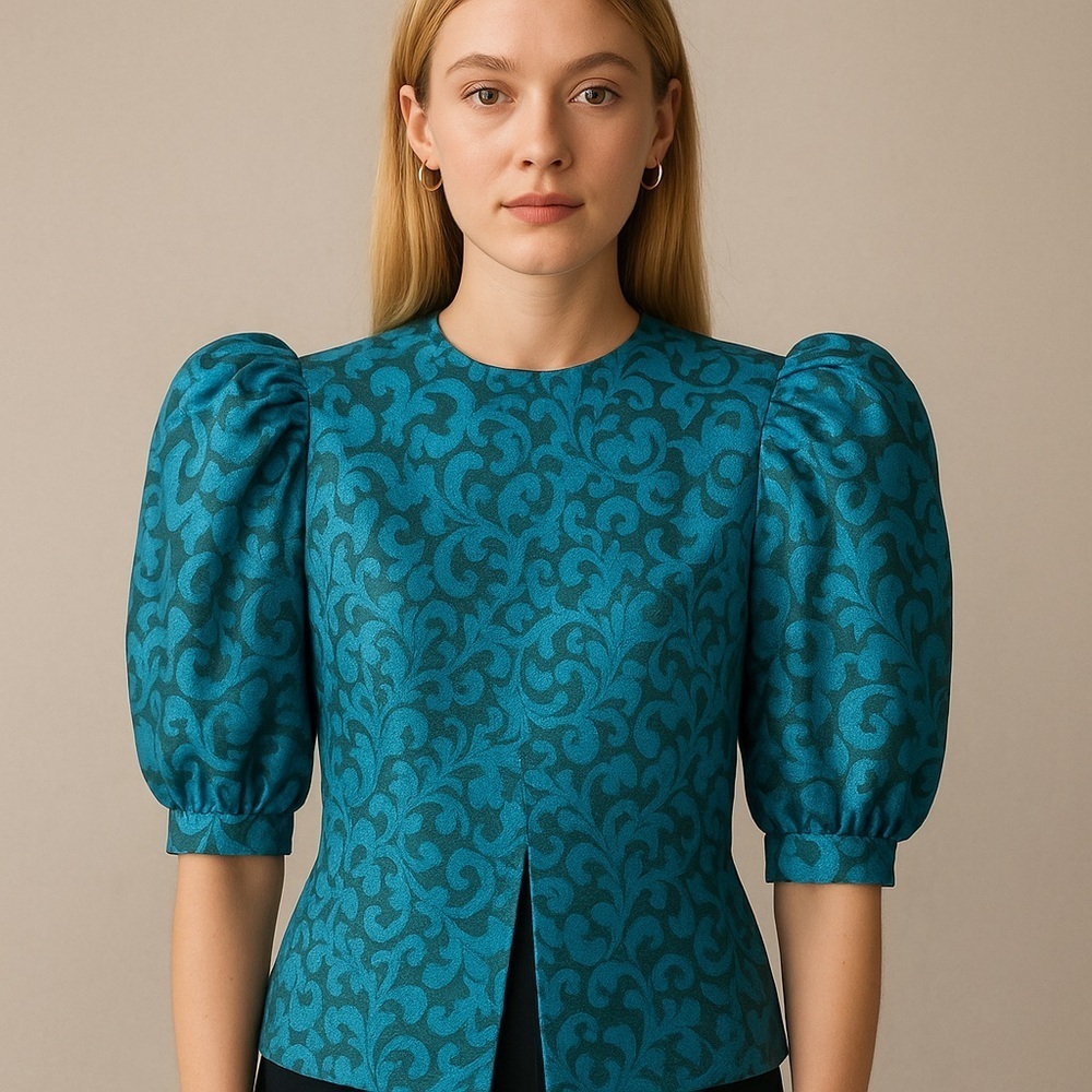 Vintage Puff Sleeve Blouse Button Down Satin Turquoise Embroidered Finnial S‌‌‌‌